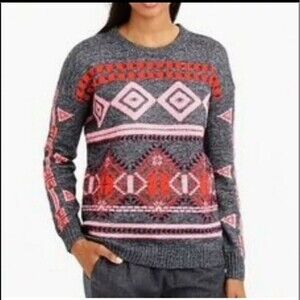 J Crew Fair Isle Nordic Grey/Pink/Red Sweater Size M